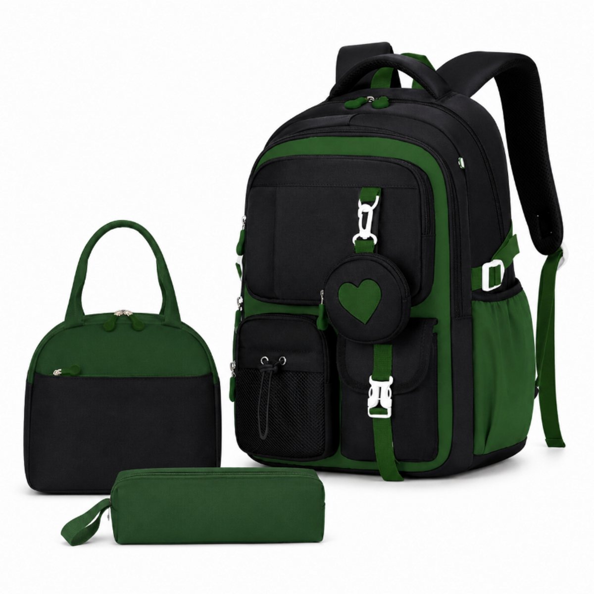 Bobypet - Schooltas Meisjes - 3-in-1 School Rugzak Set met Lunchtas en Etui - Waterdichte Boekentas 15.6 Inch Laptop - groente