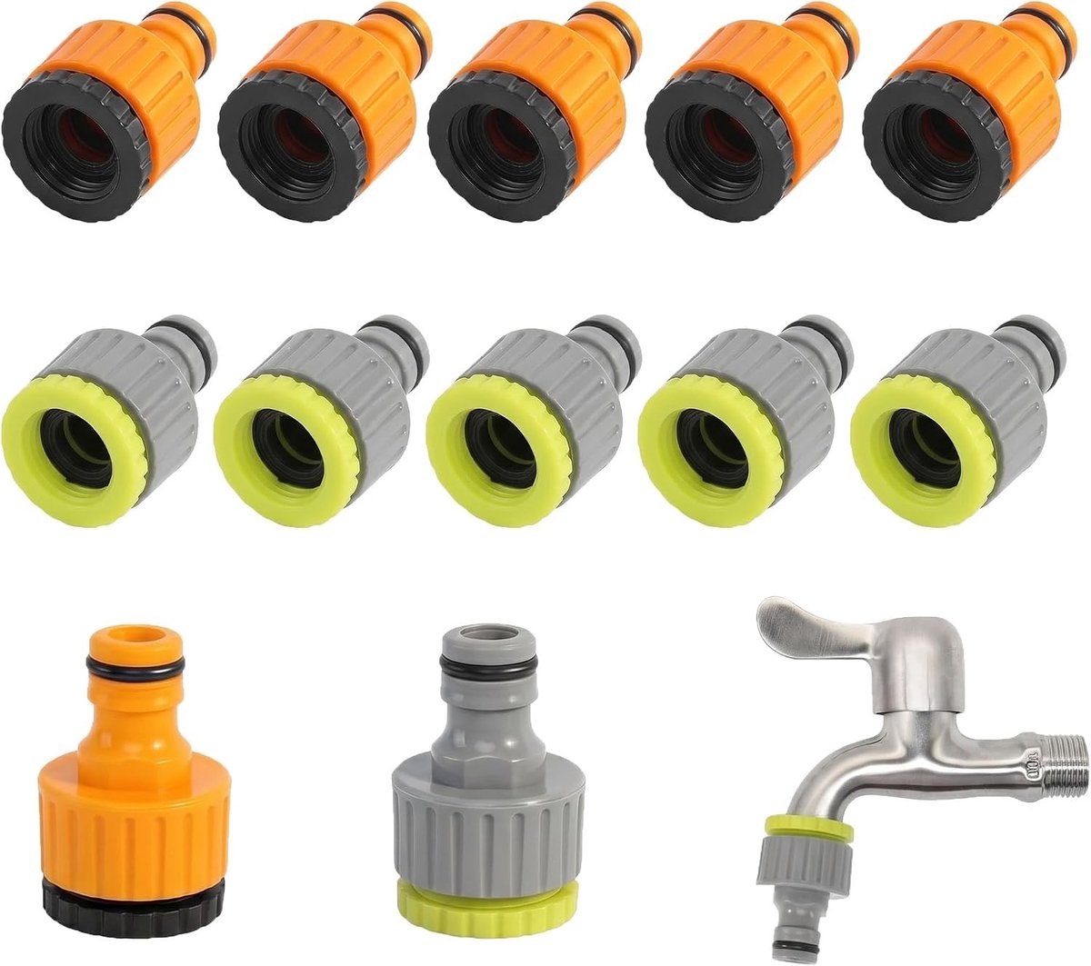 Kraanadapter set met 12 tuinslangaansluitingen, 2-in-1 voor 1/2 inch en 3/4 inch, kunststof slangaansluitingen voor tuin en buitengebruik, inclusief 6 geel-zwart en 6 groen-grijs