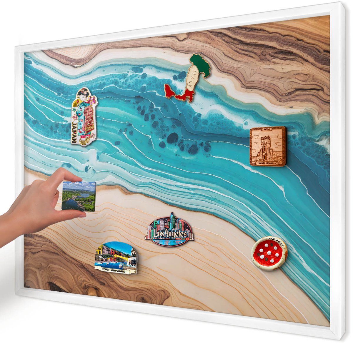 Artprintcave Turkoois Magneetbord mit Witte Lijst - 70x50 cm - Aardlagen Memobord Keuken - Abstract Magnetische Organizer - Abstractie