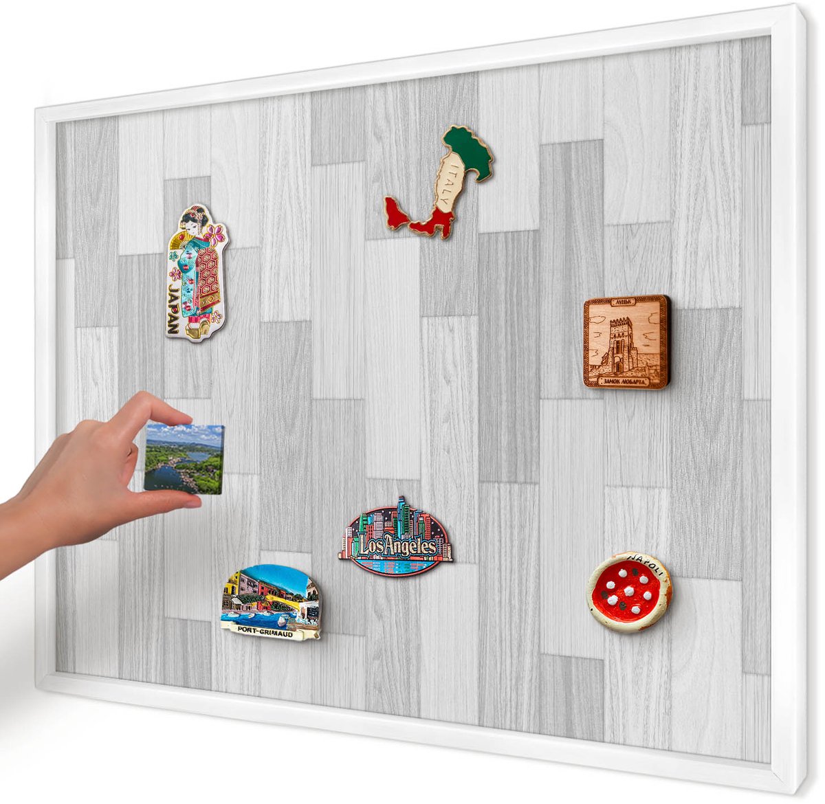 Artprintcave Grijs Magneetbord mit Witte Lijst - 70x50 cm - Houtstructuur Magneetbord Voor Foto's - Minimalist Bord Voor Magneten - Texturen