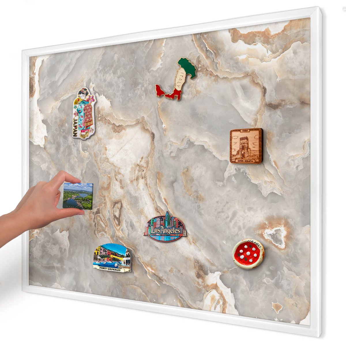 Artprintcave Grijs Magneetbord mit Witte Lijst - 80x60 cm - Marmeren Elegantie Magneetbord Voor Keuken - Abstract Magnetisch Bord Voor Magneten - Abstractie