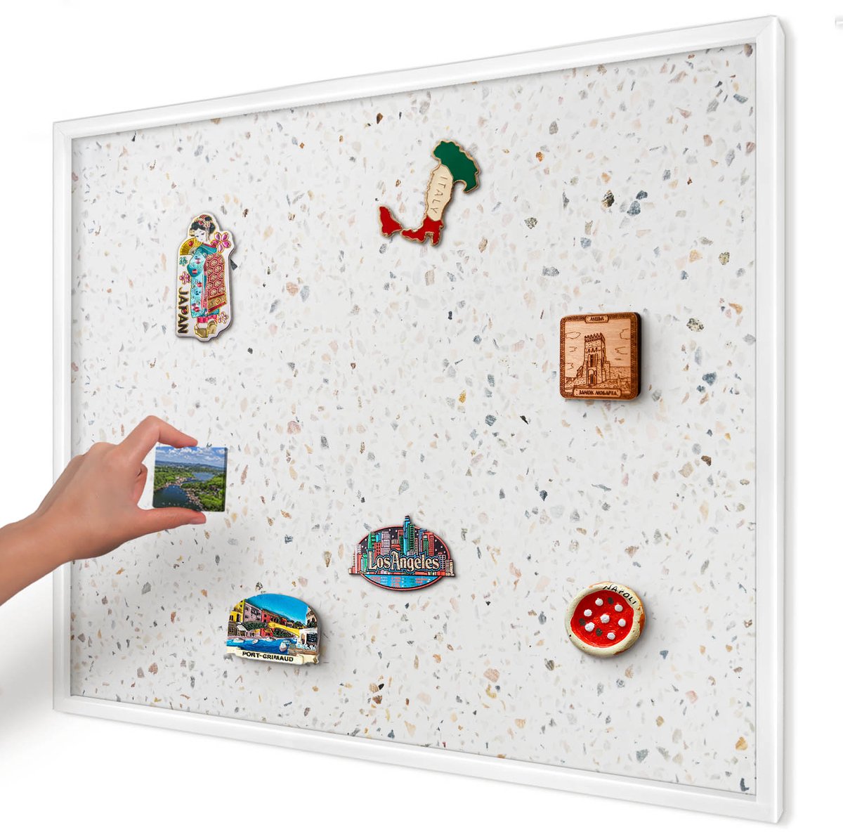 Artprintcave Wit Magneetbord mit Witte Lijst - 80x60 cm - Terrazzo-Patroon Magnetische Organizer - Minimalist Magneetbord Voor Keuken - Texturen