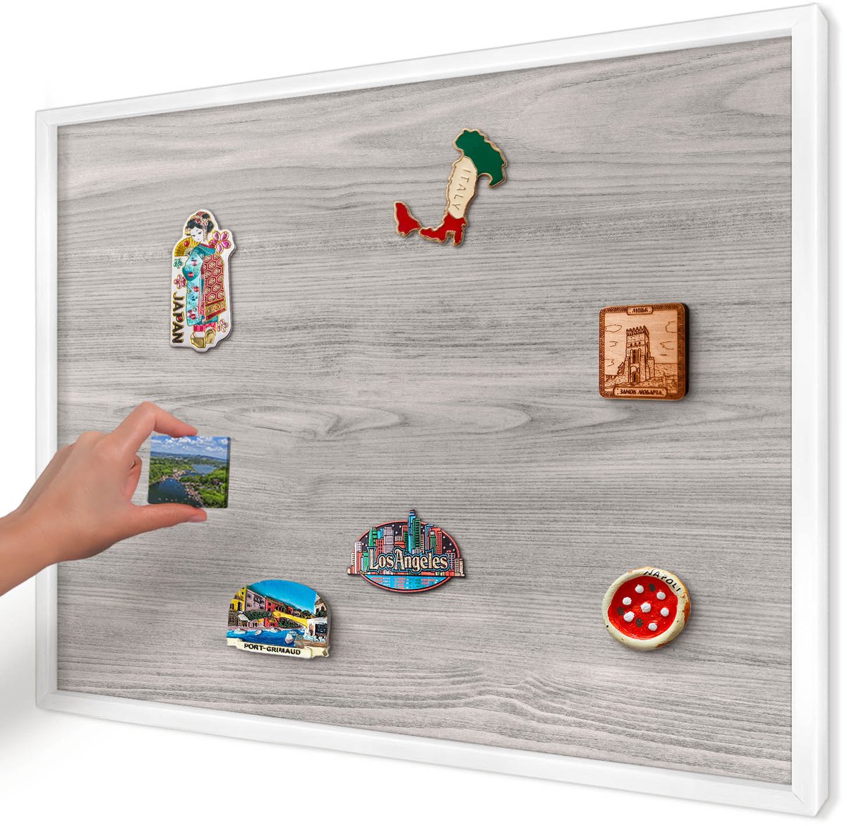 Artprintcave Grijs Magneetbord mit Witte Lijst - 70x50 cm - Houtstructuur Magneetbord Voor Foto's - Minimalist Memobord Keuken - Texturen