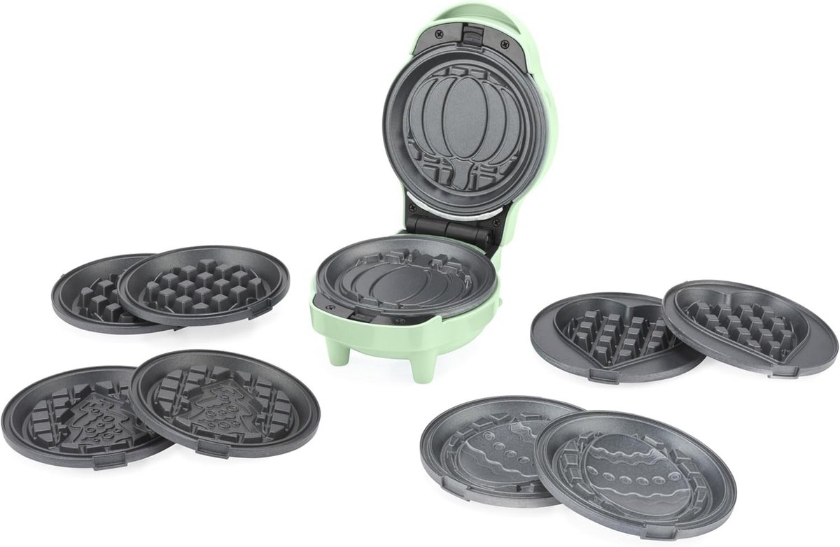 Mini Wafelmaker - Antiaanbak - 5-in-1 Verwisselbare Bakplaten - Koel-touch Behuizing - Voor Gezinnen