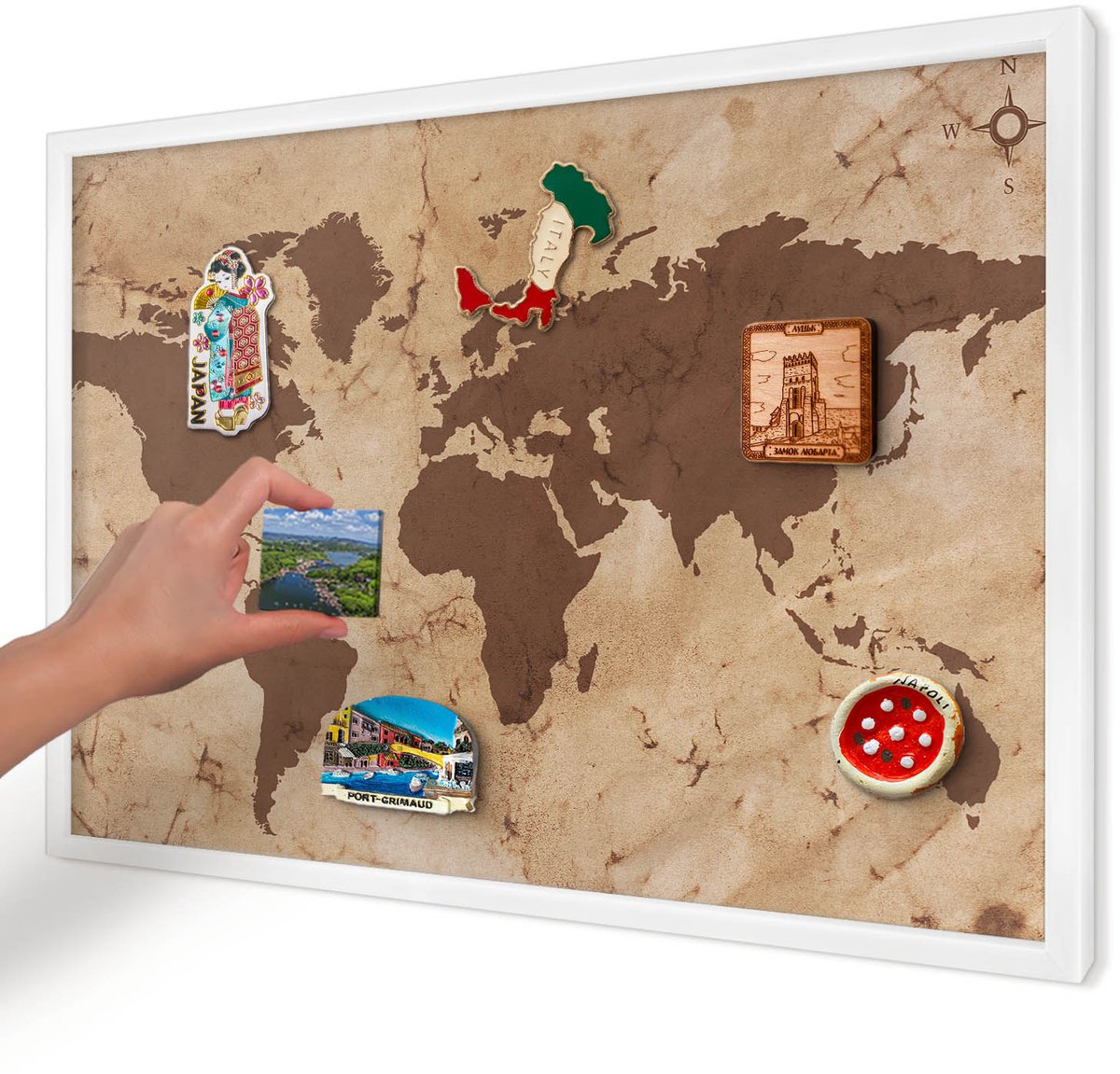 Artprintcave Bruin Magneetbord mit Witte Lijst - 60x40 cm - Wereldkaart Magneetbord Voor Foto's - Vintage Magnetisch Bord - Kaarten