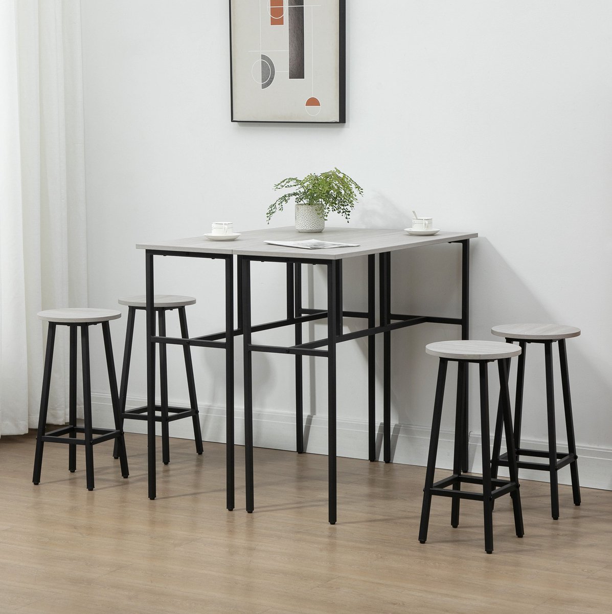 COVREO Barset 100 x 40 x 90 cm grijs en zwart, hout en metaal, 4 krukken