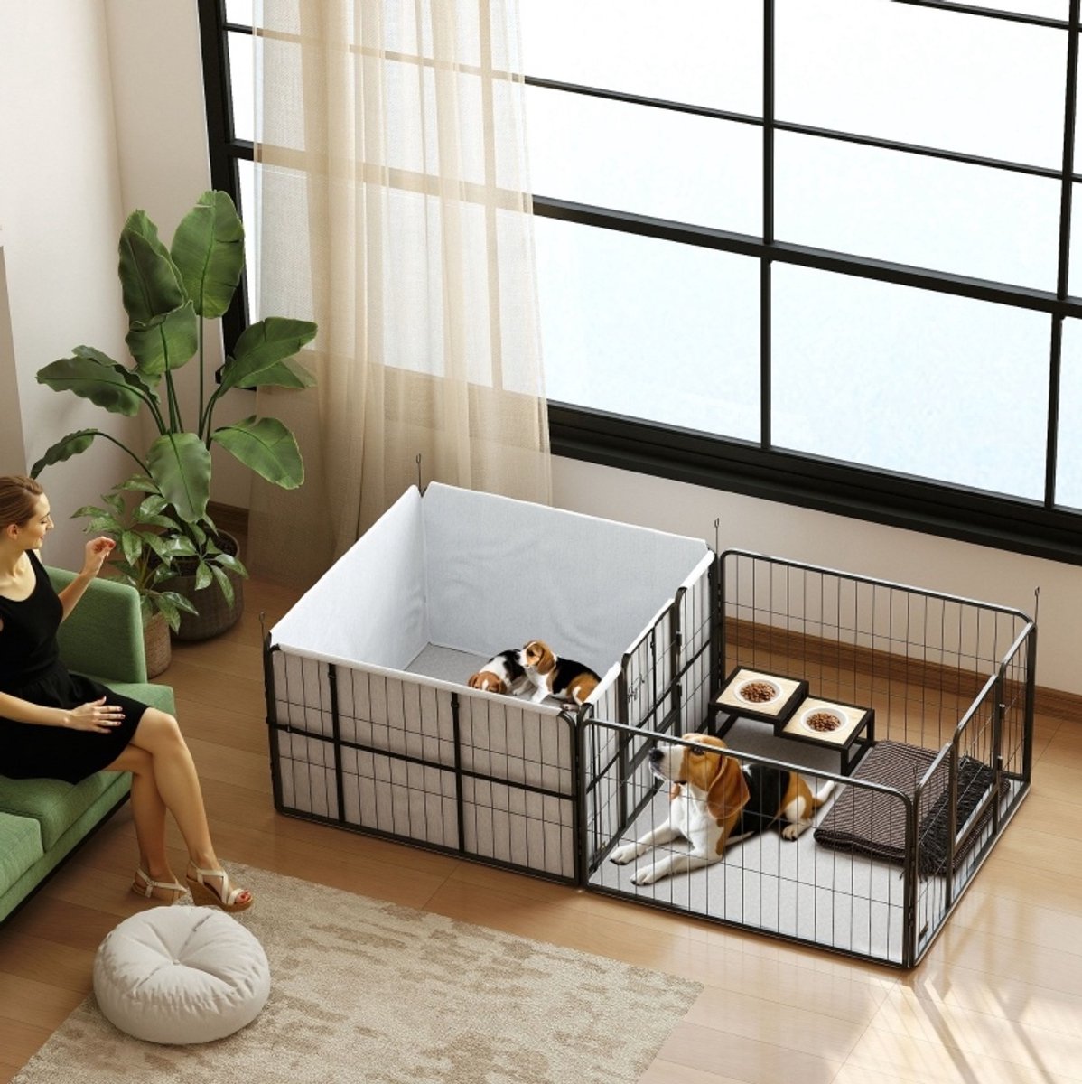 REDOM- Puppyren en werpkist voor pups - 7 panelen - 2 zones - wasbare, waterdichte onderlegger - stalen frame - binnengebruik - Zwart - 203 x 102 x 60 cm