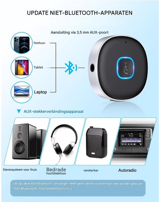 GELLDG AUX Bluetooth-autoadapter - Draadloze Bluetooth 5.0-ontvanger geschikt voor auto, audio-installatie thuis en bedrade hoofdtelefoons - 3,5mm AUX-adapter - Auto-equalizer - Ondersteunt verbinding met twee apparaten - Batterijduur van 10 uur — afbeelding 5
