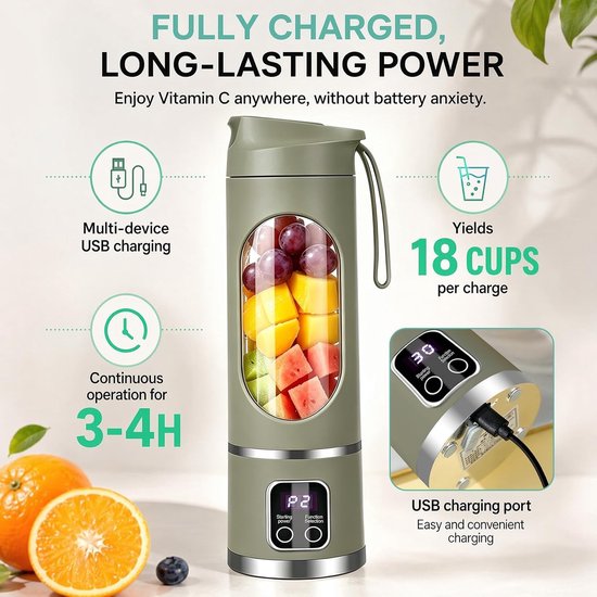 Draagbare elektrische blender met USB-poort, 450 ml. Geschikt voor sapbereiding, smoothies en milkshakes. Klein, compact, handig en multifunctioneel (groen). — afbeelding 5