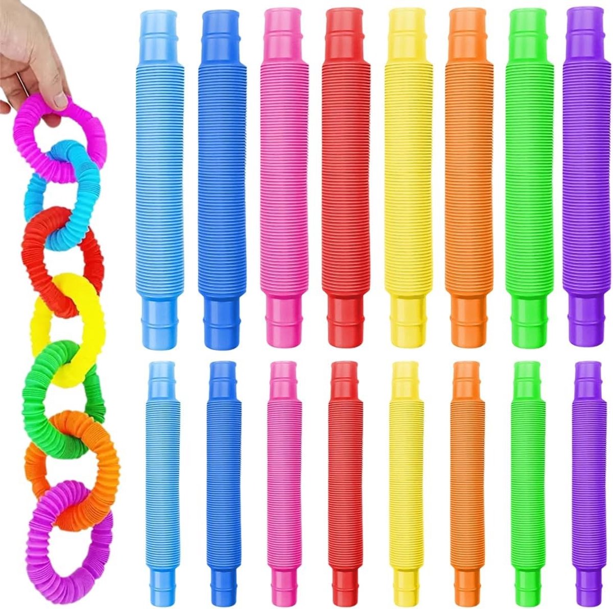 Set van 16 Kleurrijke Rekbare Speelbuizen voor Kinderen, Sensorisch Speelgoed, Geluidsbuizen en Creatieve Spellen