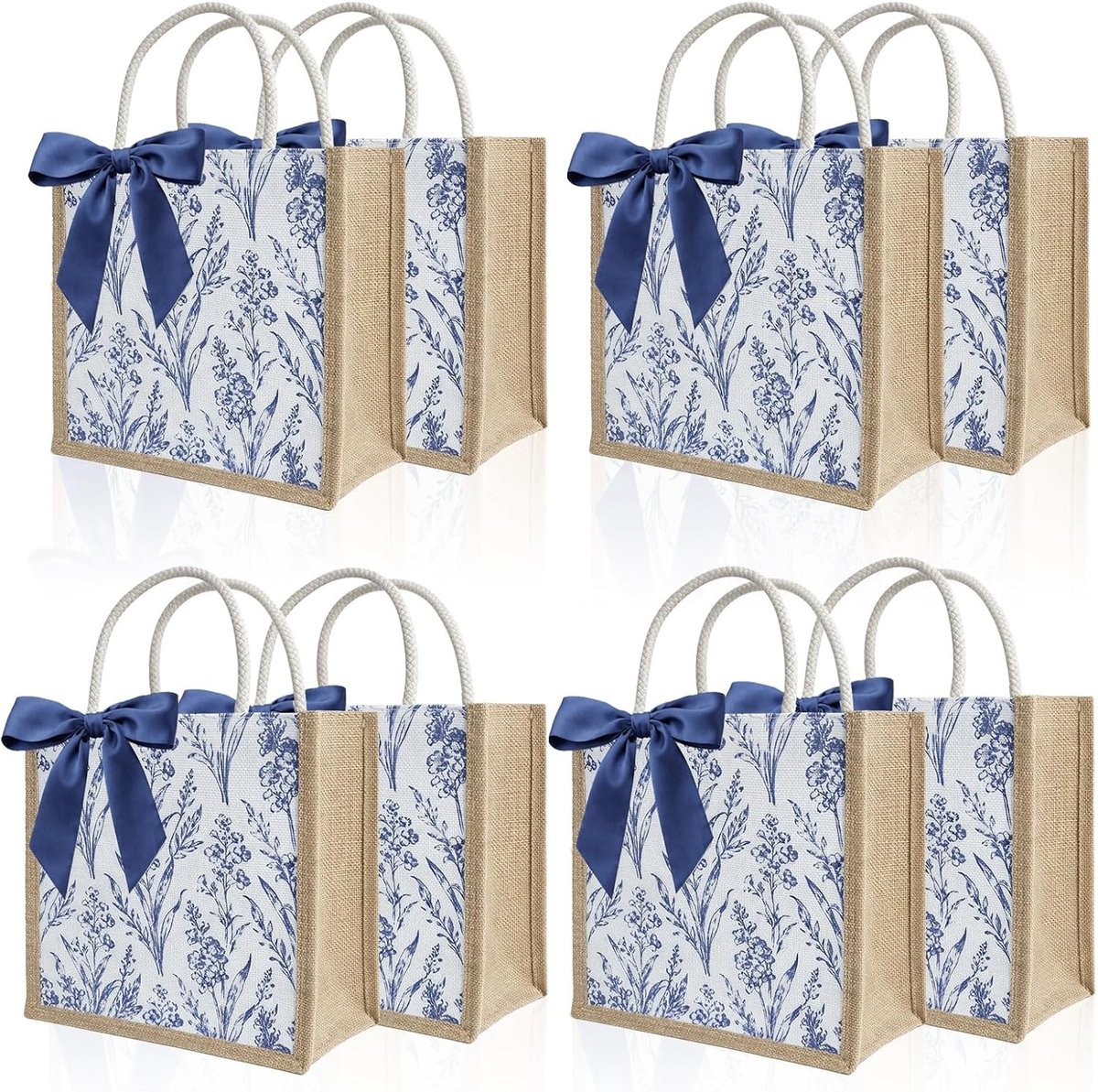 8 stuks jute boodschappentassen met bloemen, canvas boodschappentas met handgrepen, jute strandtas, jute geschenktas - ShopVlot