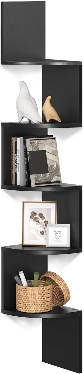Dailygoods- Wandrek met 5 etages - Opbergkast Hout - Zwart - Zigzagvorm - Max. Draagvermog