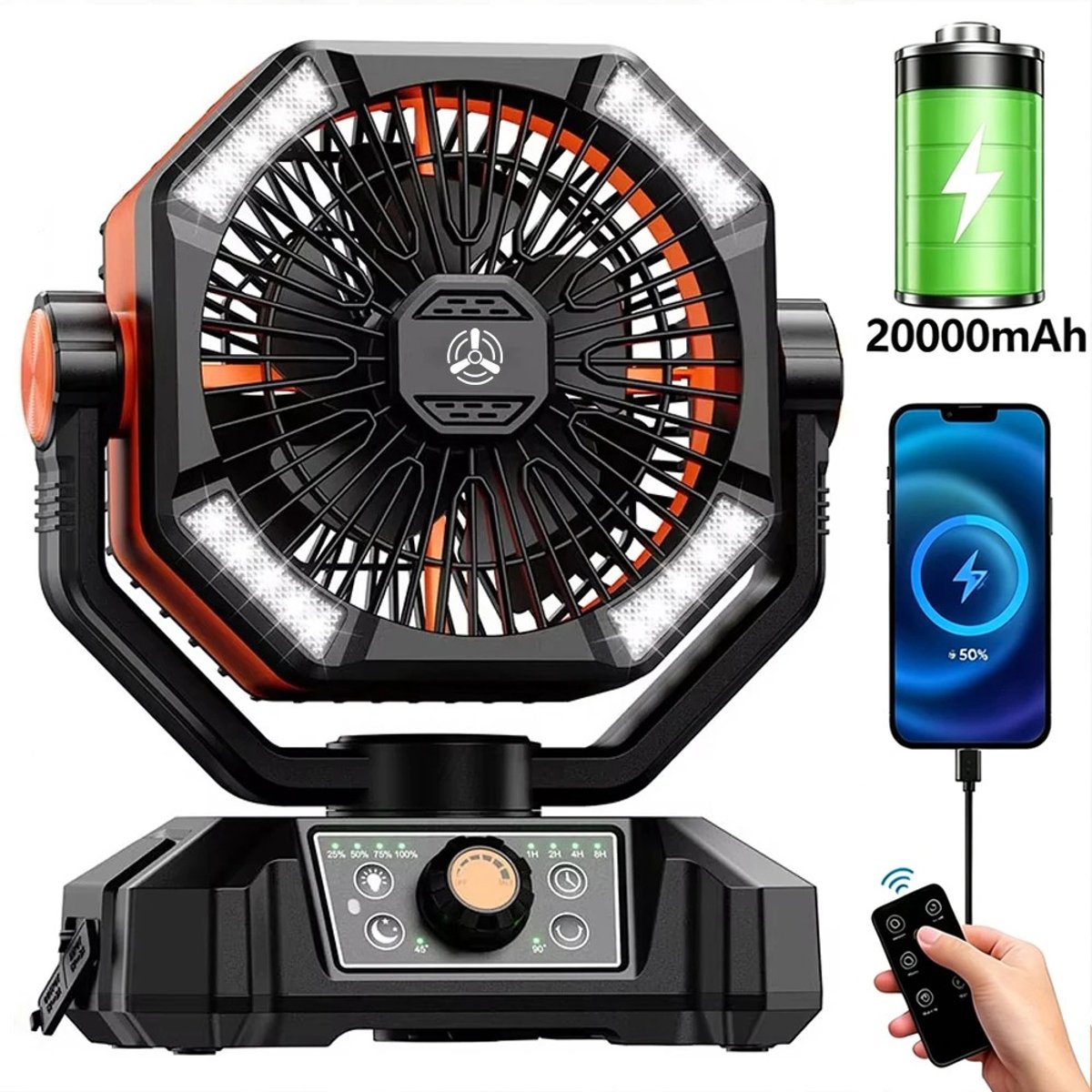 Hutjemutje - camping ventilator - ventilator - met 4 LED-lantaarn - 8 snelheden - draagbaar - met afstandsbediening - 20000 mAh batterij - zwart & oranje