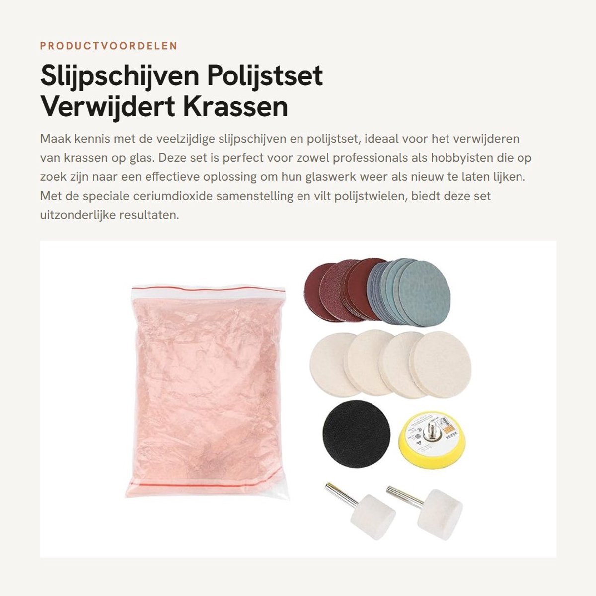 Dailygoods - Slijpschijven Polijstset - Verwijdert Krassen van Glas - Ceriumdioxide - Vilt Polijstwielen - Voor Cirkelrollen - Compleet met Schuurpapier