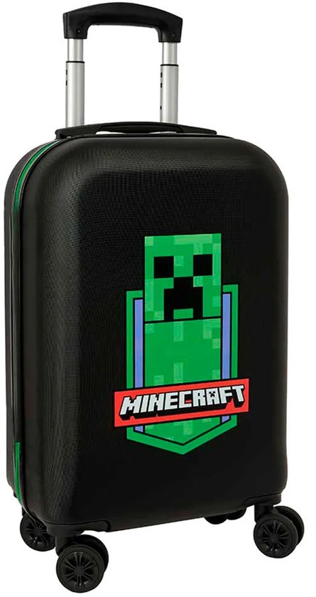Zwarte reiskoffer met Minecraft Creeper print en 'Minecraft' logo.