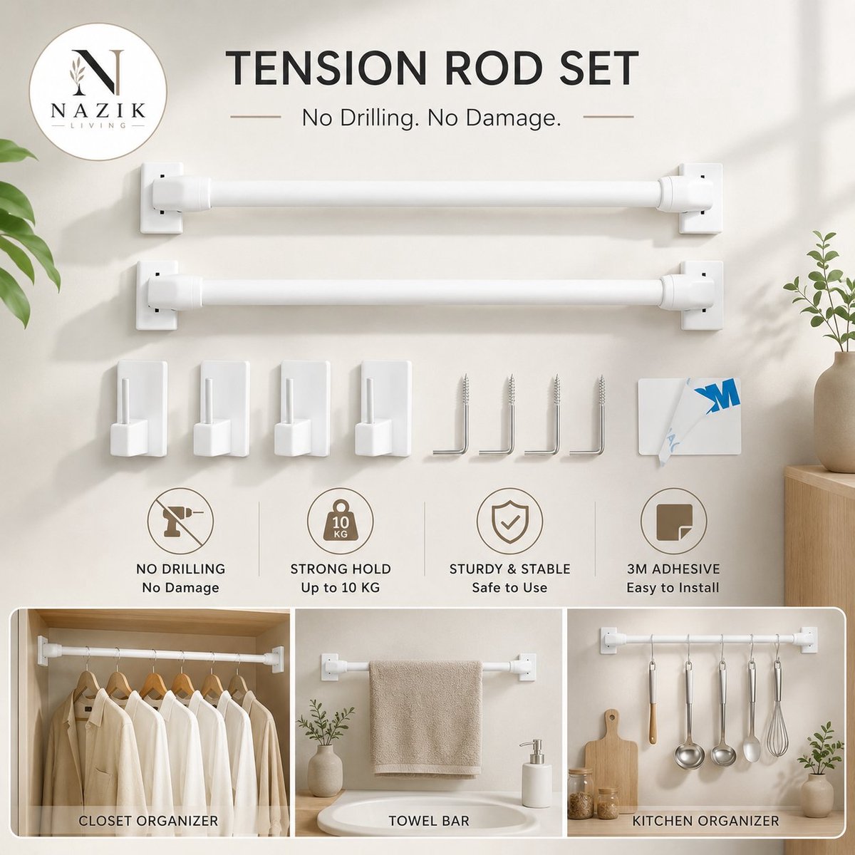 2 Stuks Uittrekbare Beglazingsstangen Zonder Boren - Verstelbare Gordijnstang voor Ramen - PVC - Zelfklevend - Wit (40-70 cm)