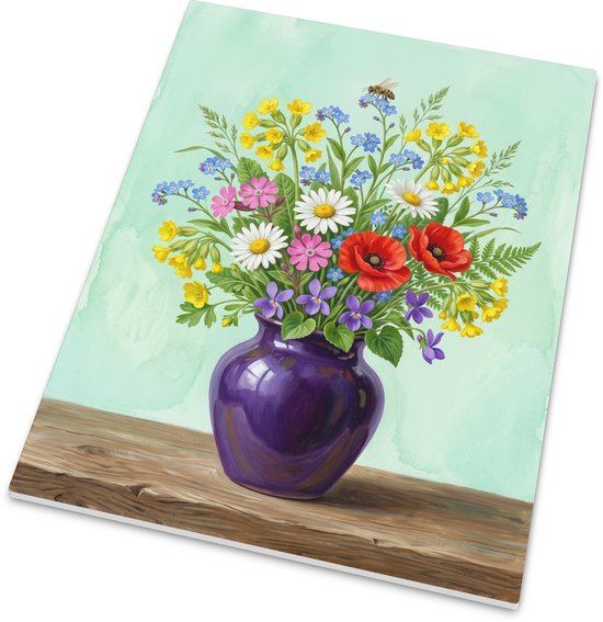 Tegeltje zomers veldboeket wilde bloemen met madeliefjes klaprozen en bij in paarse vaas - Kleurrijke illustratie op muntgroene achtergrond - Vrolijk bloemen cadeau voor in huis keuken of op het bureau
