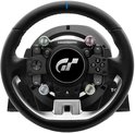 Zwart Thrustmaster T-GT II racestuur met zilverkleurige wielen en gekleurde knoppen.