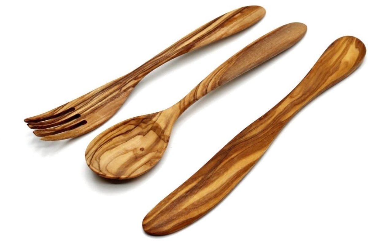 Dailygoods- Bestekset 3-delig - Olijfhout - Handgemaakt - Mediterraan Tafelbestek - Duurzaam - Uniek Design - Tafelgerei