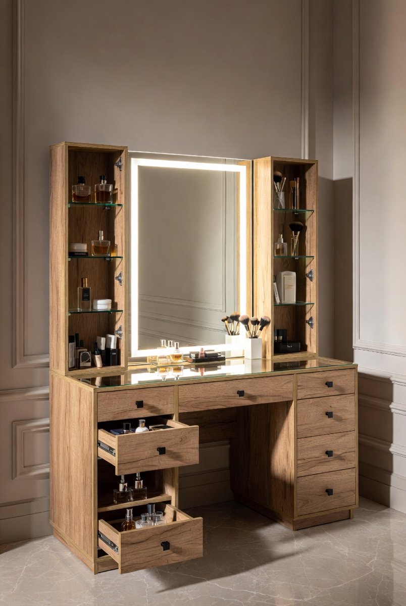 Make-uptafel met spiegel en verlichting, elegante kaptafel met laden en kasten, opbergruimte, robuuste MDF, dimbare lampen, stopcontacten en USB-poorten (natuurlijk/led-schuifspiegel)-Medahomestore