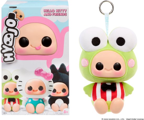 Hyojo Keroppi knuffel-sleutelhanger naast productverpakking met Hello Kitty en vriendjes.