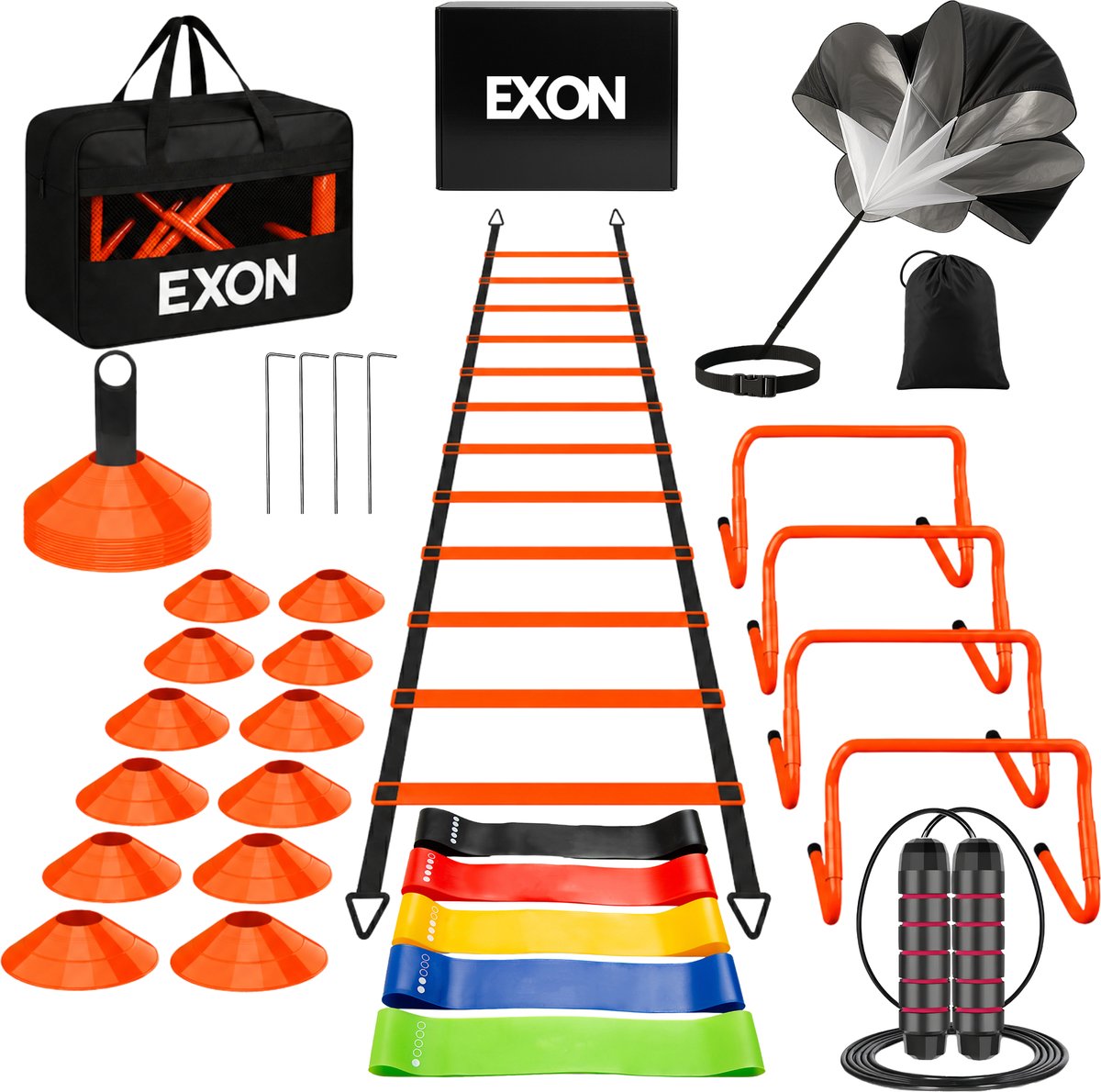 Exon® Voetbal Trainingsmateriaal – Voetbal Spullen Training – Sport Spullen – Voetbal Training Artikelen – Bevat Agility Ladder – Voetbal Pionnen – Verstelbare Hordes – Springtouw – Sprint Parachute – Weerstandsbanden - Oranje