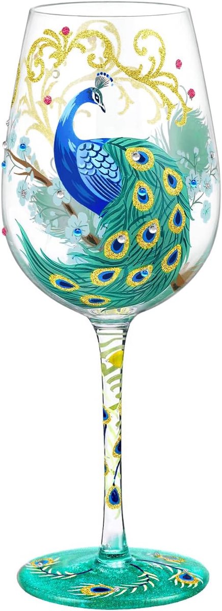 SnelShoppen - Handgeschilderde Wijnglas 15oz met Kleurrijke Pauw en Gouden Patroon - Persoonlijk Cadeau voor Vriendin - Elegante Wijn Glazen voor Fees