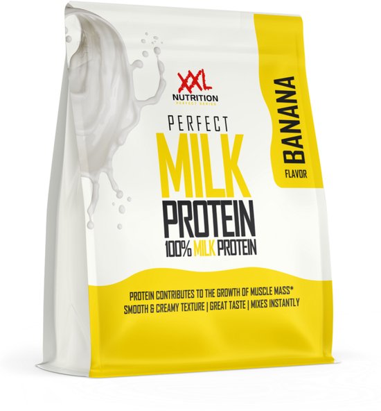 XXL Nutrition Perfect Milk Protein, bananensmaak. Eiwitpoeder verpakking met witte en gele accenten en melkplons.