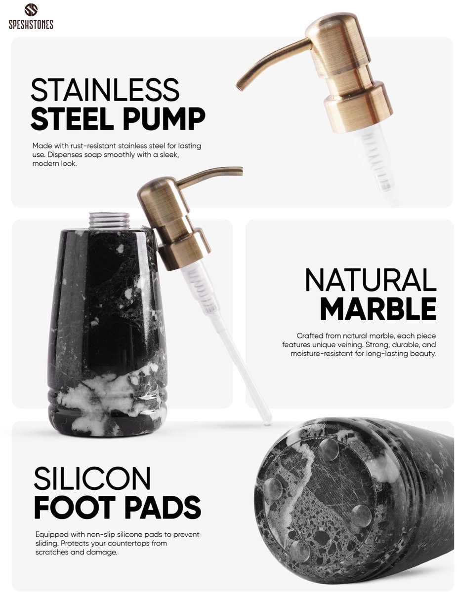 SnelShoppen - Marmeren Zeepdispenser 19 cm Zwart voor Vloeibare Handzeep, Schuimzeep, Lotion en Ontsmettingsmiddel - Luxe Container voor Keuken en Bad