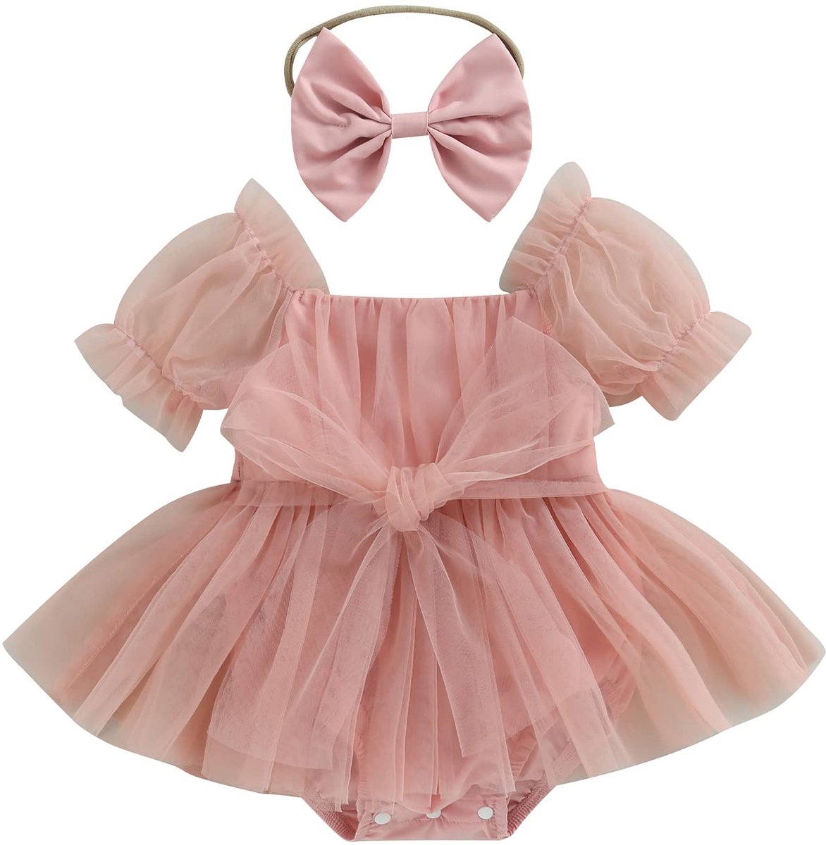 SnelShoppen - Edhomenn Baby Meisje Romper Jurk Strik Print Puff Korte Mouw Jumpsuit met Hoofdband Set Casual Pasgeboren Meisjes Kleding 2-delige Outfi