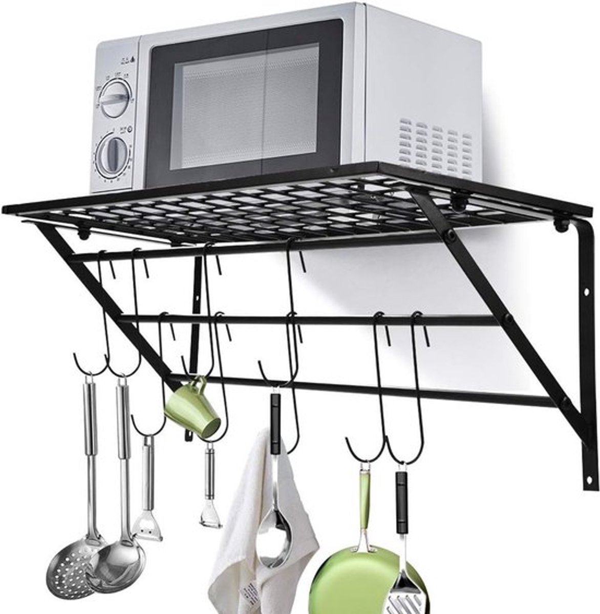 Multifunctionele Wandgemonteerde Pottenrek voor Keukenopslag met 10 Verwijderbare Haken, Ideaal voor Keuken, Balkon en Badkamer, 62 x 25.5 x 25 cm