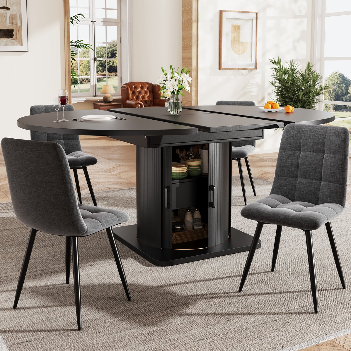 REDOM - Set tafel en stoelen - Uitrekbare eettafel met opberglade - 4 stoelen - Moderne stijl - Eetkamer en keuken - MDF en metaal - Zwart - 158 x 118 x 76 cm