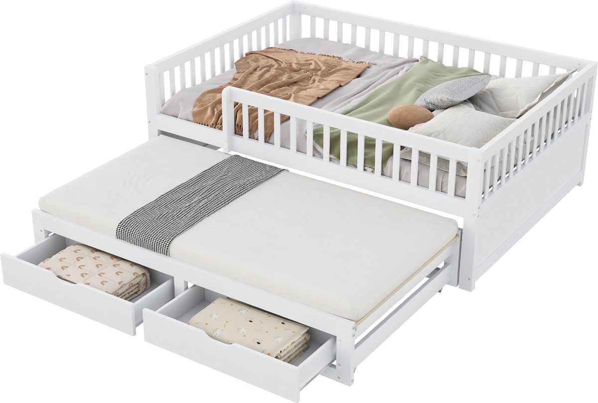 Slaapbank 140x200 cm - Kinderbed van hout met uitschuifbed, veiligheidshek, 2 lades en lattenbodem - Wit