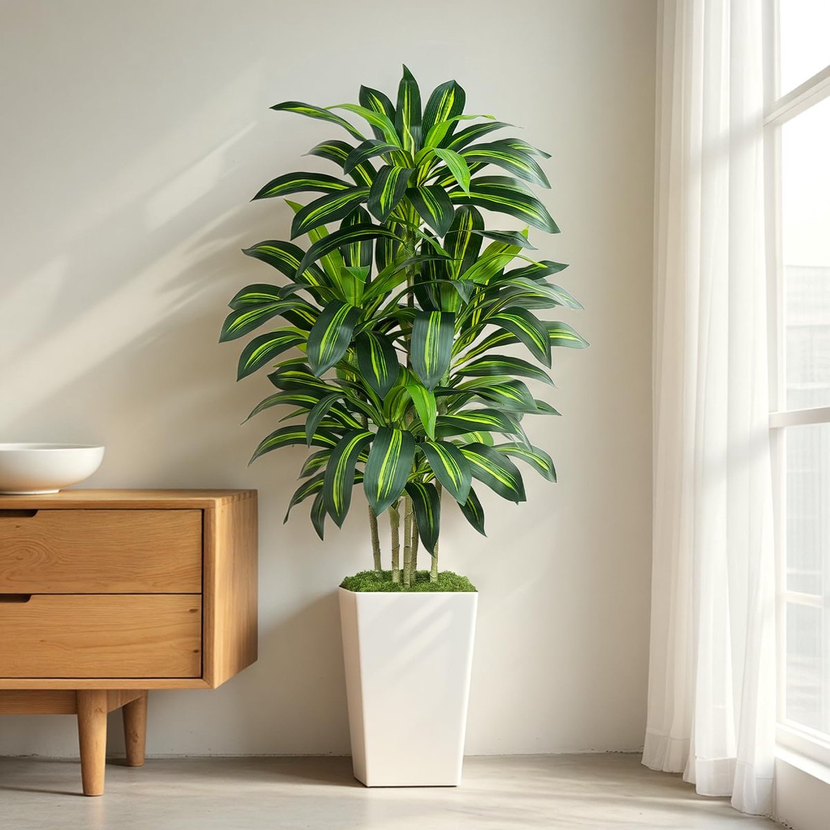 SnelShoppen - Kunstmatige Dracaena-boom 152 cm - Dichte Nepplant met Witte Hoge Plantenbak - Yucca Vloerplant voor Thuis en Kantoorinrichting