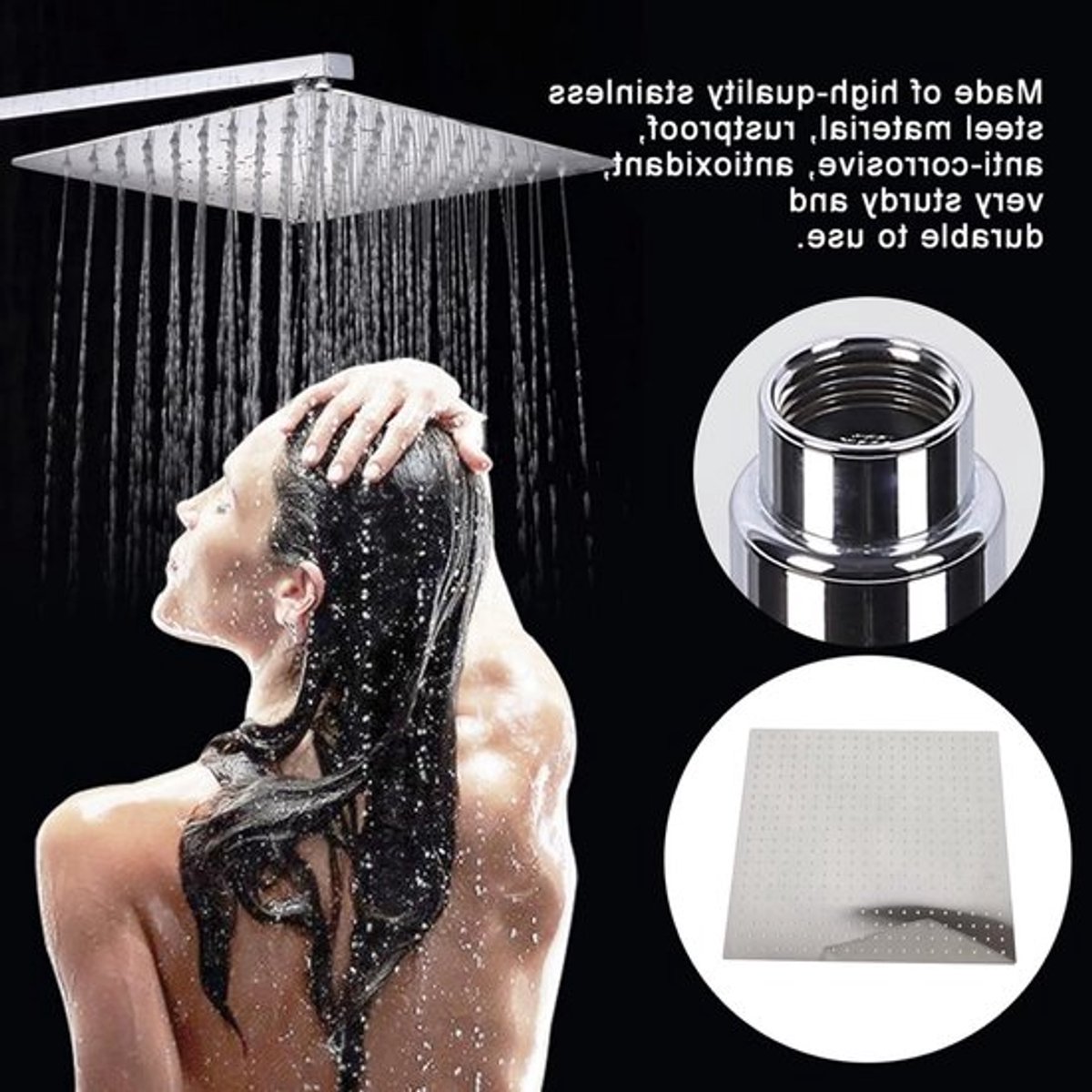 Grote vierkante regendouchekop van roestvrij staal 50 x 50 cm met waterval-effect, anti-kalk en luxe badkameraccessoires