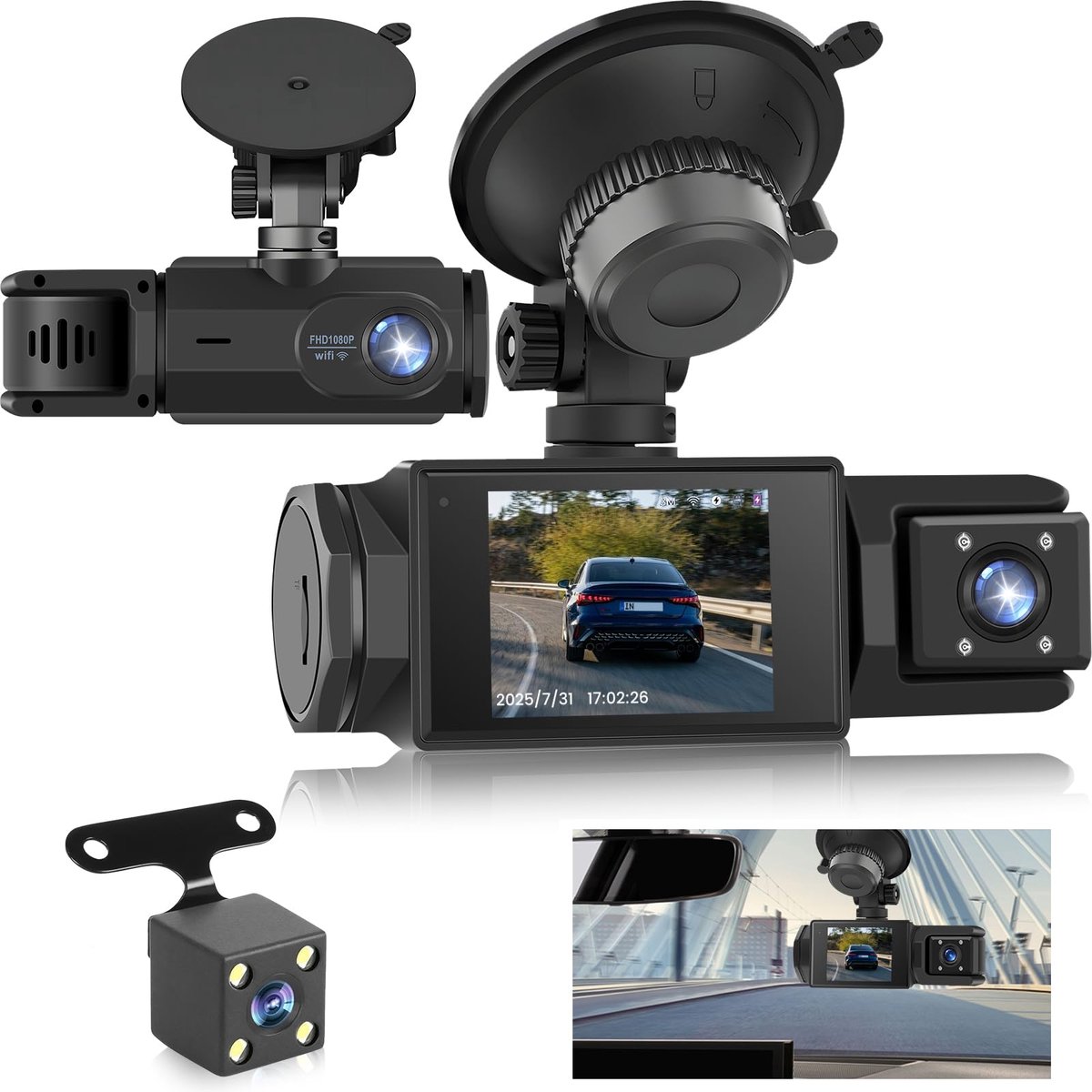 SnelShoppen - WiFi Dashcam voor Auto - 3-kanaals Draadloze Auto Camera, Full HD 1080P, 2” IPS-scherm, Nachtzicht, Bewegingsdetectie, Loopopname, Voor