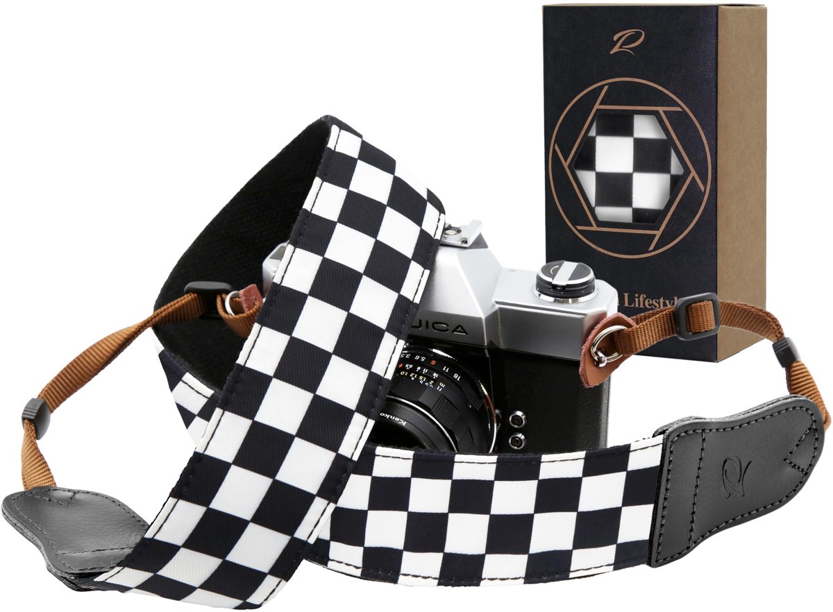 SnelShoppen - Zwart-wit geruite camerariem 5 cm breed met dubbellaags rundleer en katoenen schouderriem, verstelbare camera-nekriem voor alle camera's