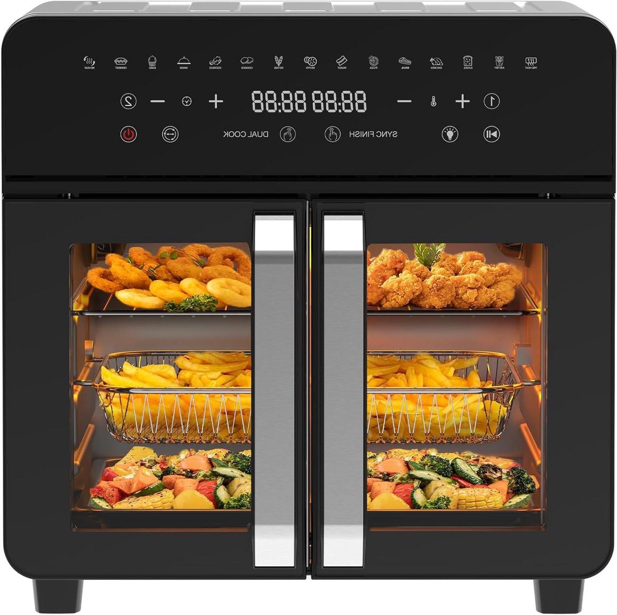 Hete Lucht Oven - Dubbele Kamer - Gezond Koken - Sync Finish Functie - 23 Liter Capaciteit - Zwart