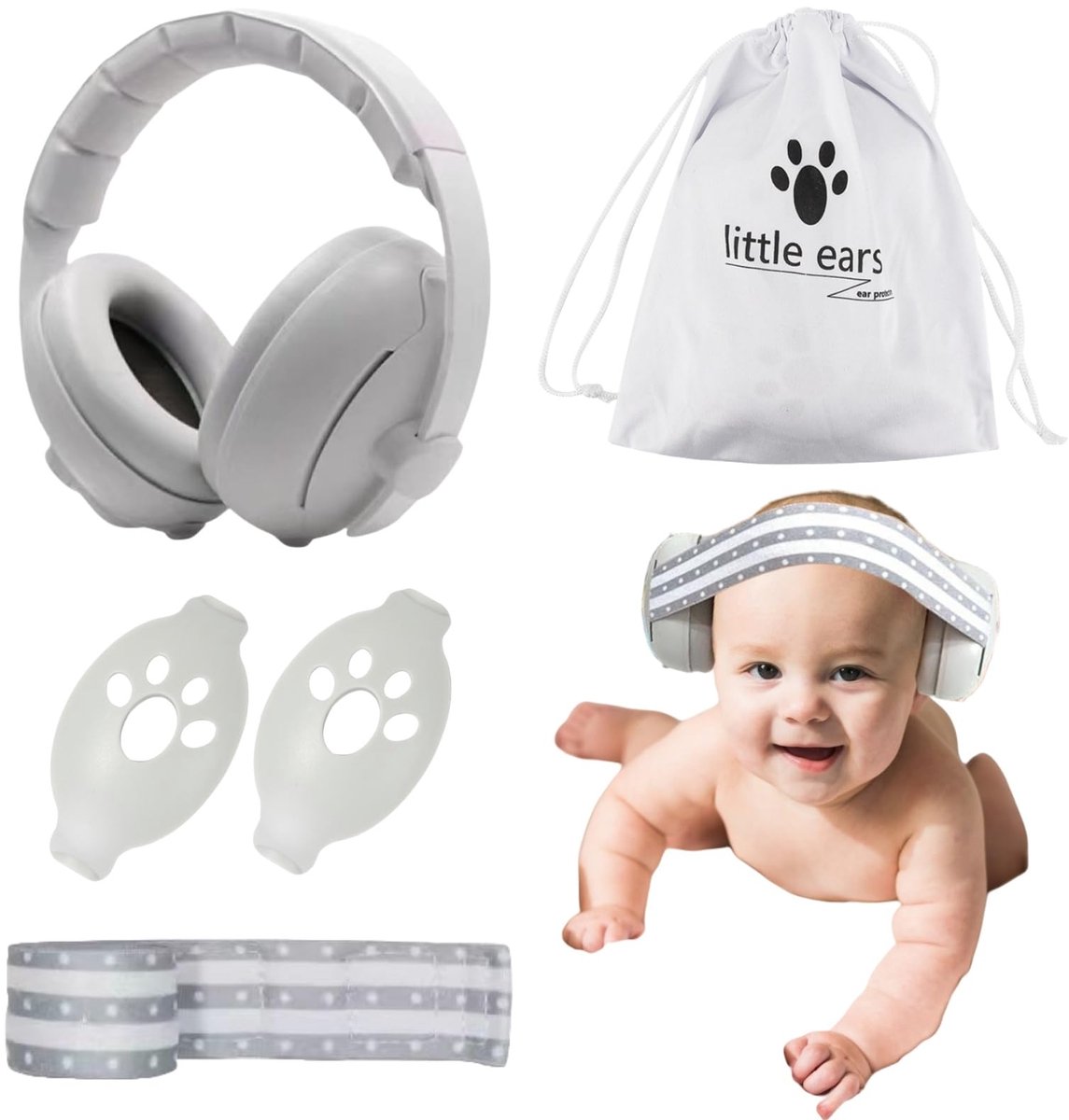 SnelShoppen - 2-in-1 Gehoorbescherming voor Baby's en Peuters, Verstelbare Oorbeschermers, Compact Grijs met Cartoon Design, Ideaal voor Feesten, Vaka