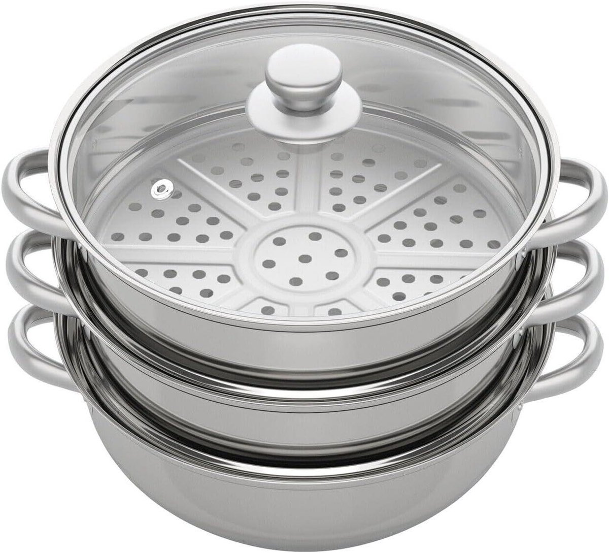 Stoompan Set - Kookpan met Deksel - Gezond Koken - Drielaags Design - 28 cm Diameter - Zilver
