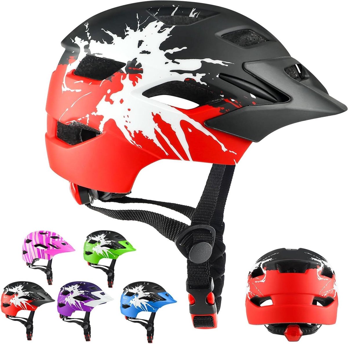 Kinderhelm - Fietshelm Kinderen - Veilig Fietsen - Met Achterlicht - 48-56 cm - Zwart Rood