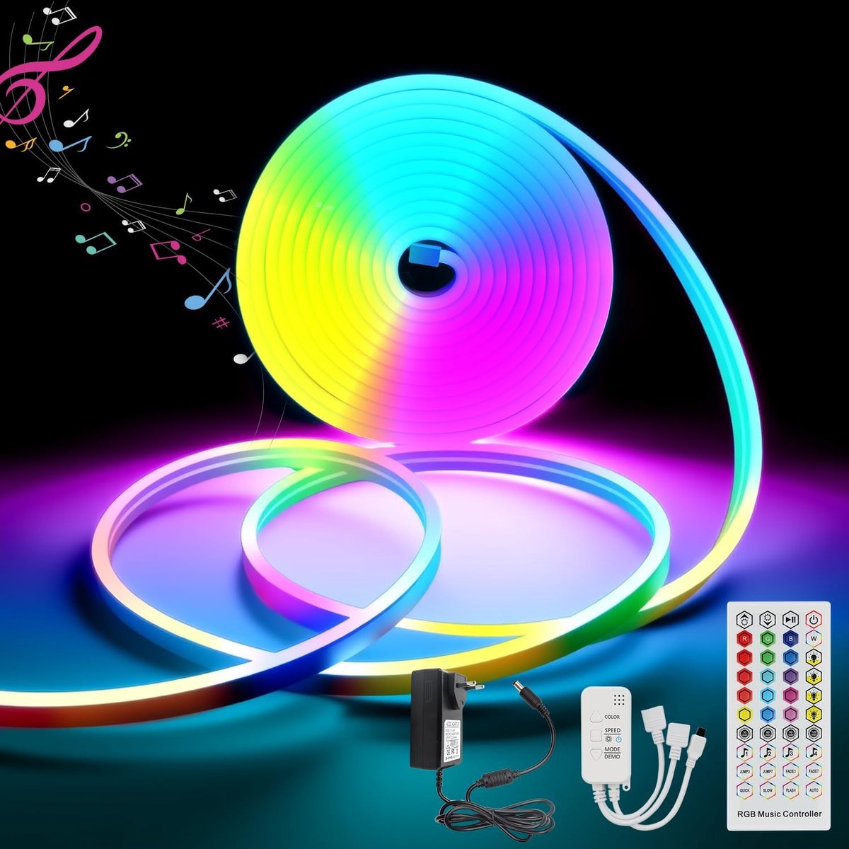 SnelShoppen - Neon LED Strip 5m RGB, 12V IP65 Waterdicht met Bluetooth App en Afstandsbediening, Muzieksynchronisatie, Flexibele Siliconen Lichtband v