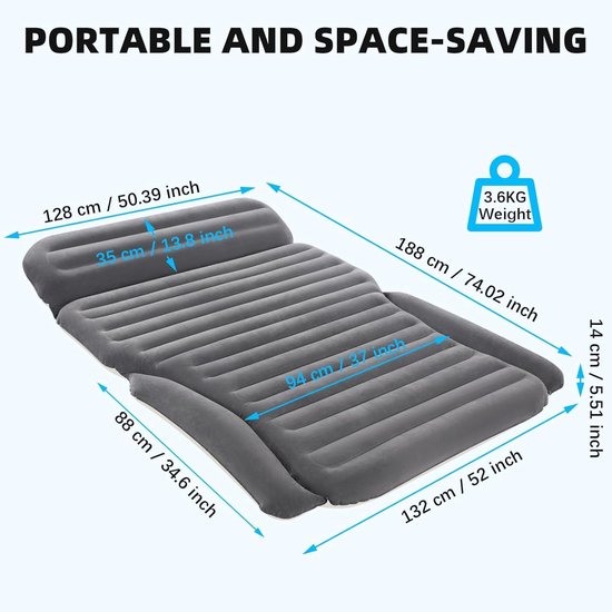 Opblaasbaar Matras - Luchtbed Auto - Kamperen en Reizen - Twee Zone Systeem - 300 kg Capaciteit - Donkergrijs — afbeelding 3