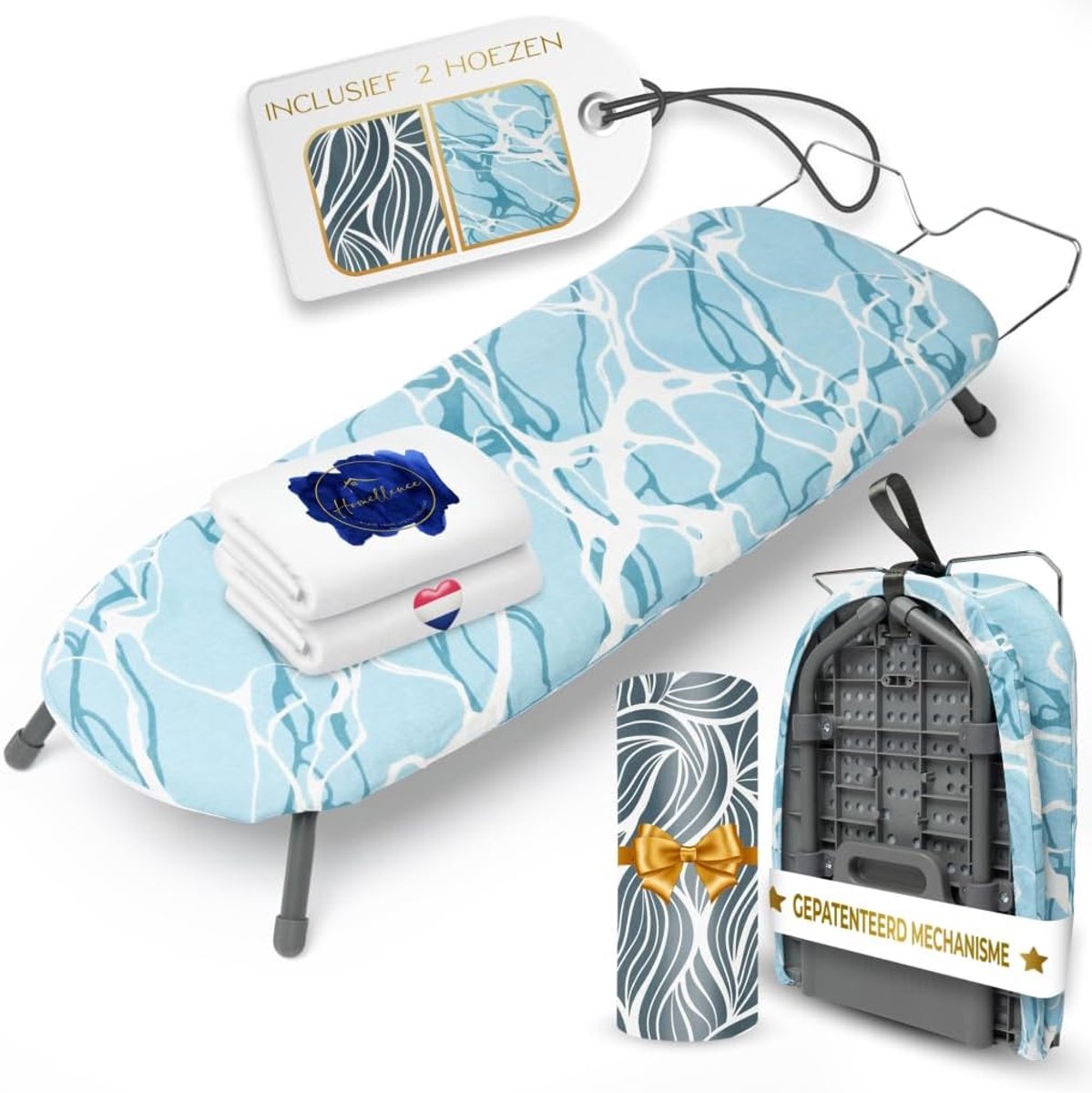 SnelShoppen - Compacte Vouwbare Strijktafel - Stabiele Mechanisme - Draagbare Mini Strijkplank - Inclusief 2 Premium Covers - Blauw - Ruimtebesparend
