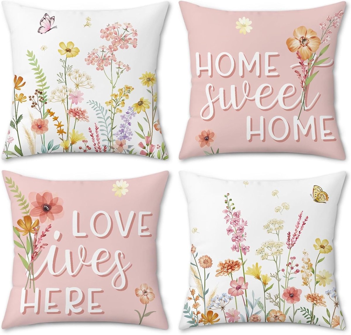 Decoratieve kussenslopen met aquarel bloemen en bladeren in roze, set van 4, 45 x 45 cm voor woonkamer, tuin en buitengebruik
