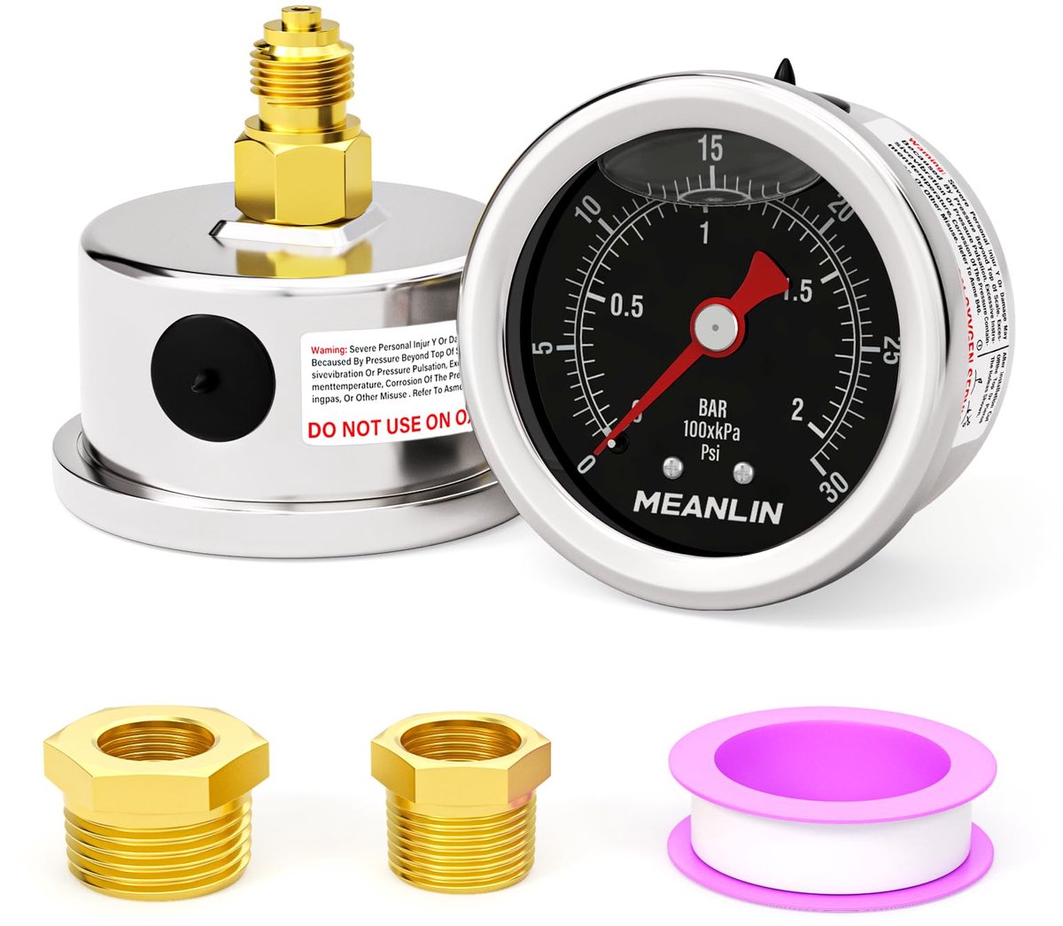 SnelShoppen - Glycerine Gevulde Manometer 0~2Bar/0~30Psi Roestvrij Staal 1/8" BSP 1.5" Gezichtsschaal, Rugmontage Zwart met 1/4"BSP en 3/8" BSP Zeskan