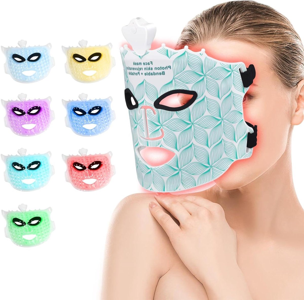 Gezichtsmasker Lichttherapie - LED Masker - Huidverjonging Thuis - 7 Kleuren Licht - 168 Lichtparels - Wit