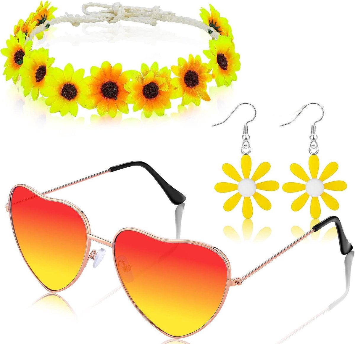 Vrouwelijk Hippie Kostuum met 4 Stukken - Accessoires voor Carnaval, Feest en 70s Thema met Ketting, Zonnebril, Hoofdband, Bloemen en Oorbellen