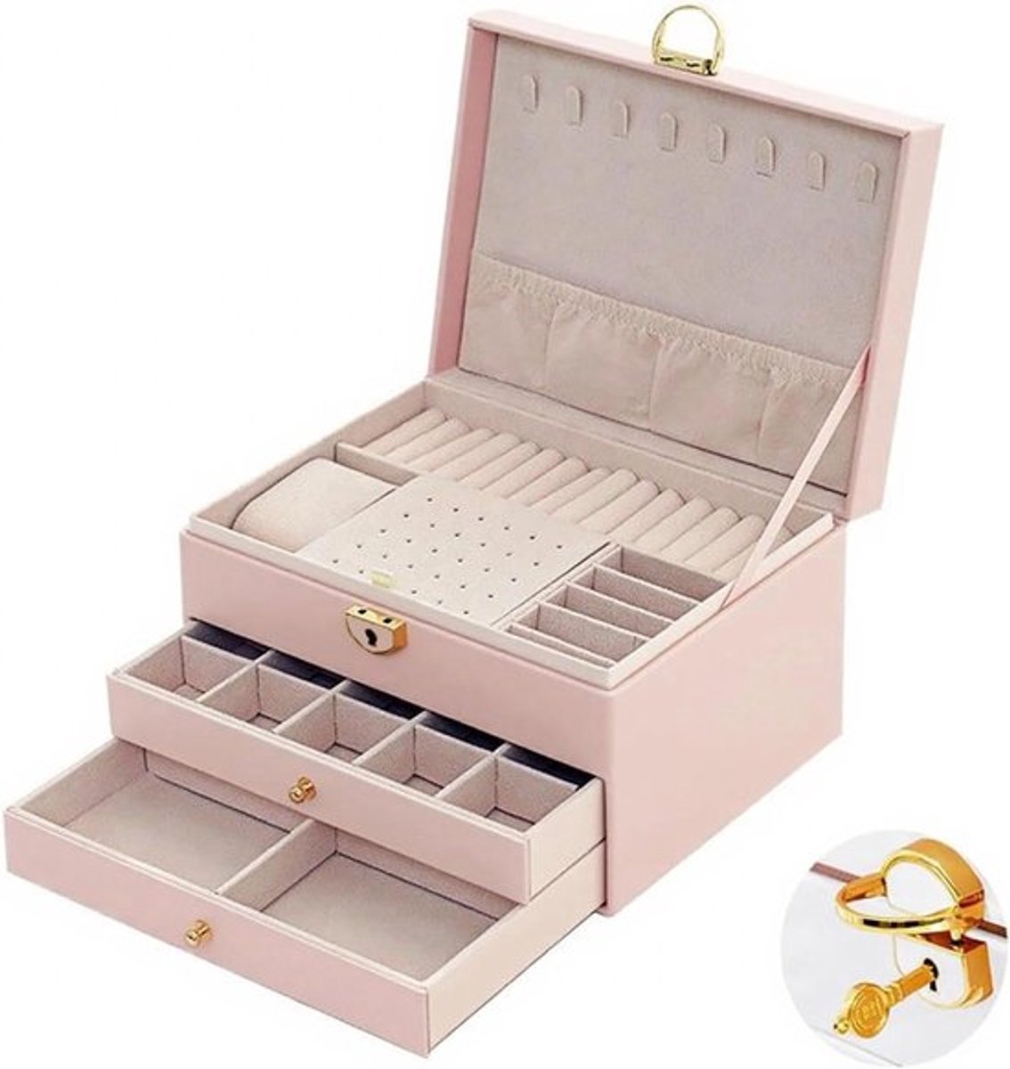 Sieradenopslag met 3 niveaus en 2 laden, stapelbare opbergdoos met slot voor oorbellen, ringen en armbanden in roze kleur
