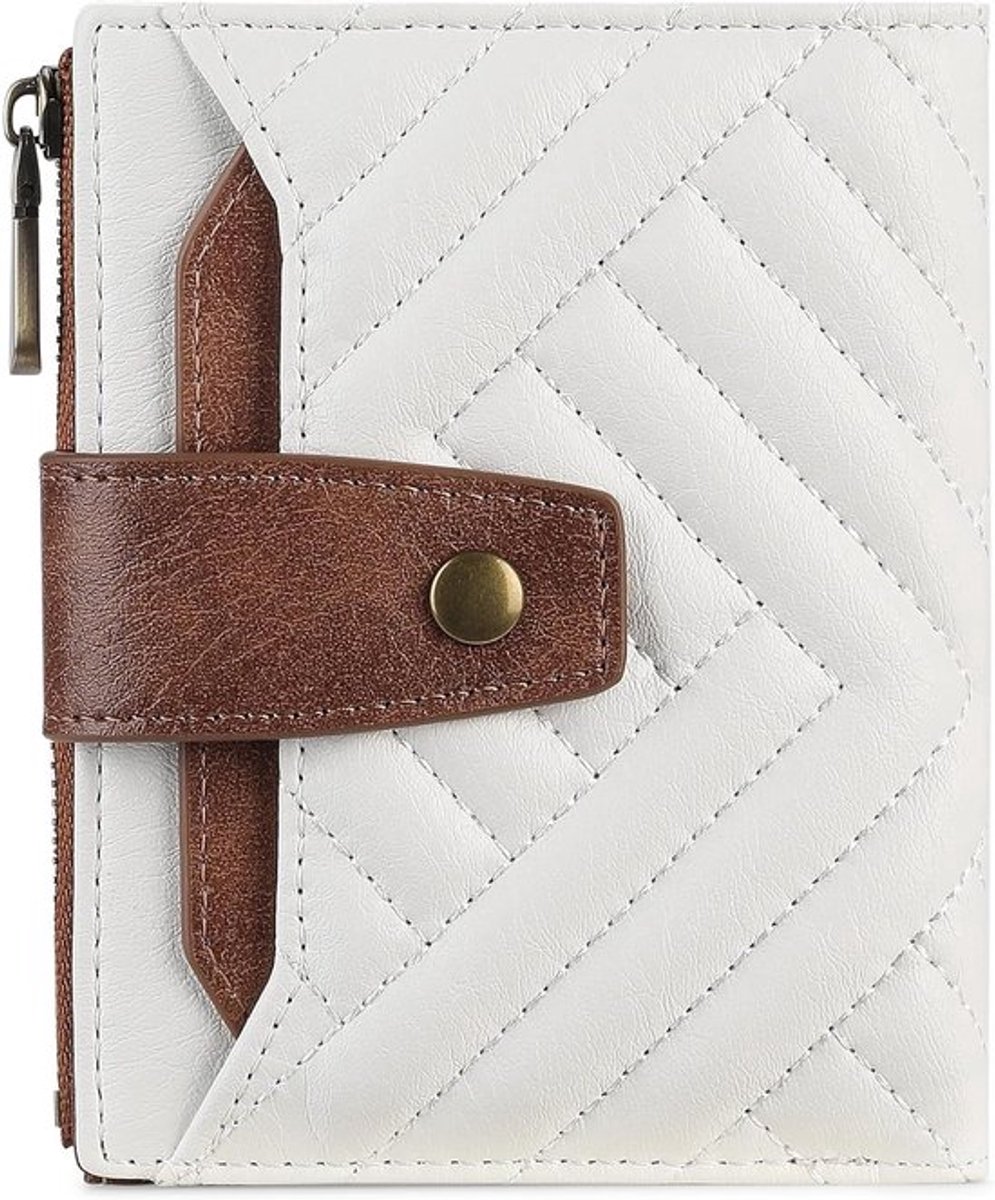 Kleine Dames Portemonnee met RFID Bescherming, Mini Portemonnee met Rits en Muntvak, Wit-Bruin